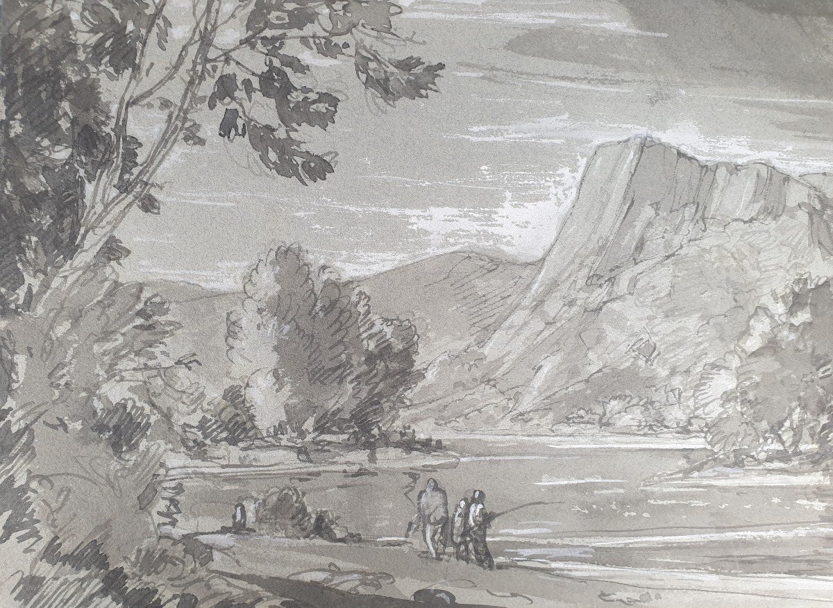 Ecole française du début du XIXe siècle - Paysage au bord de la rivière-photo-2
