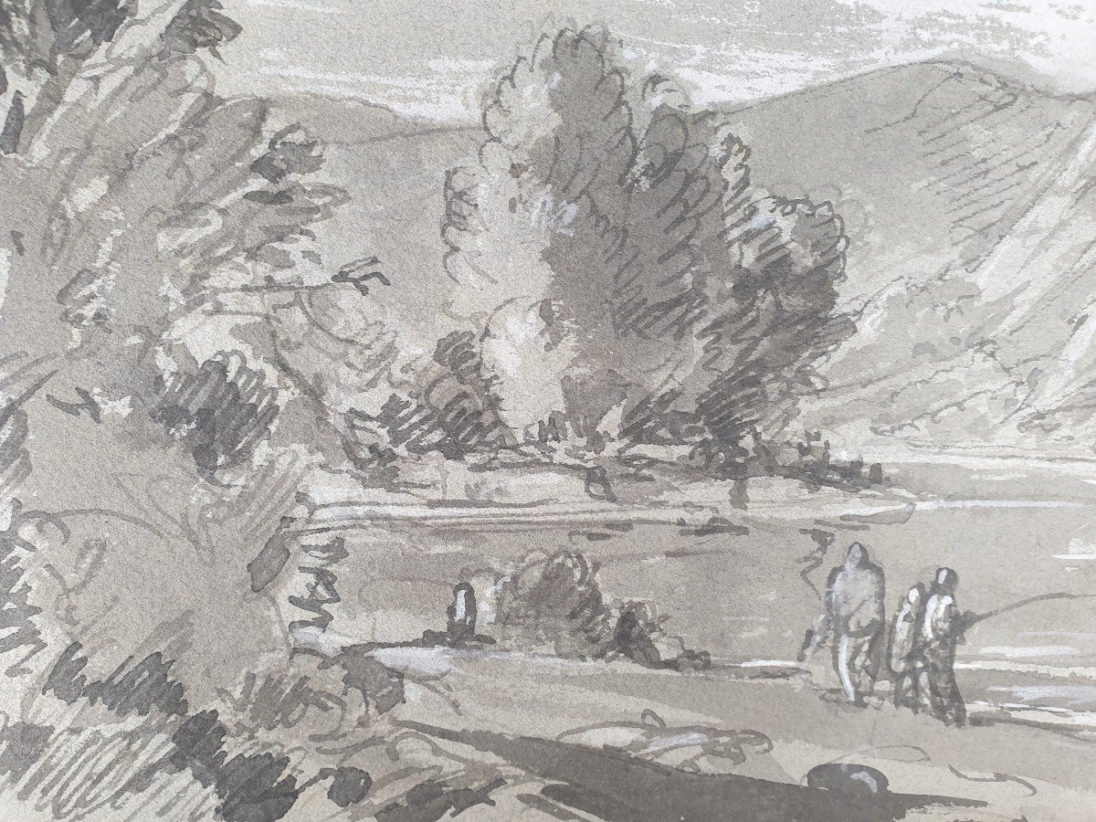 Ecole française du début du XIXe siècle - Paysage au bord de la rivière-photo-3