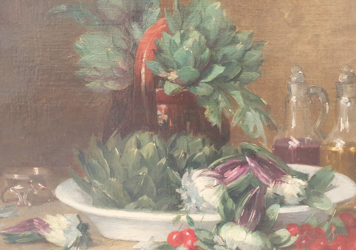 Jean Frédéric COUTY - Nature morte aux artichauts et aux cerises -photo-3