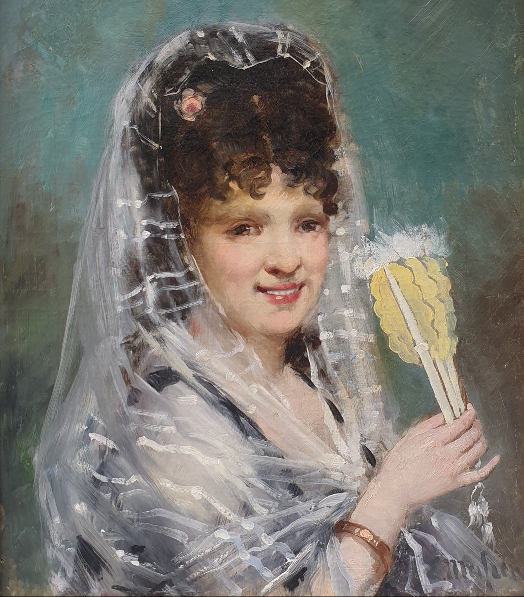 Eliseo Meifren - Portrait Of A Young Lady With A Fan