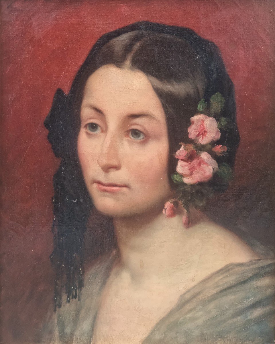 Ecole française autour de 1850 - Portrait d'une femme avec des fleurs dans les cheveux