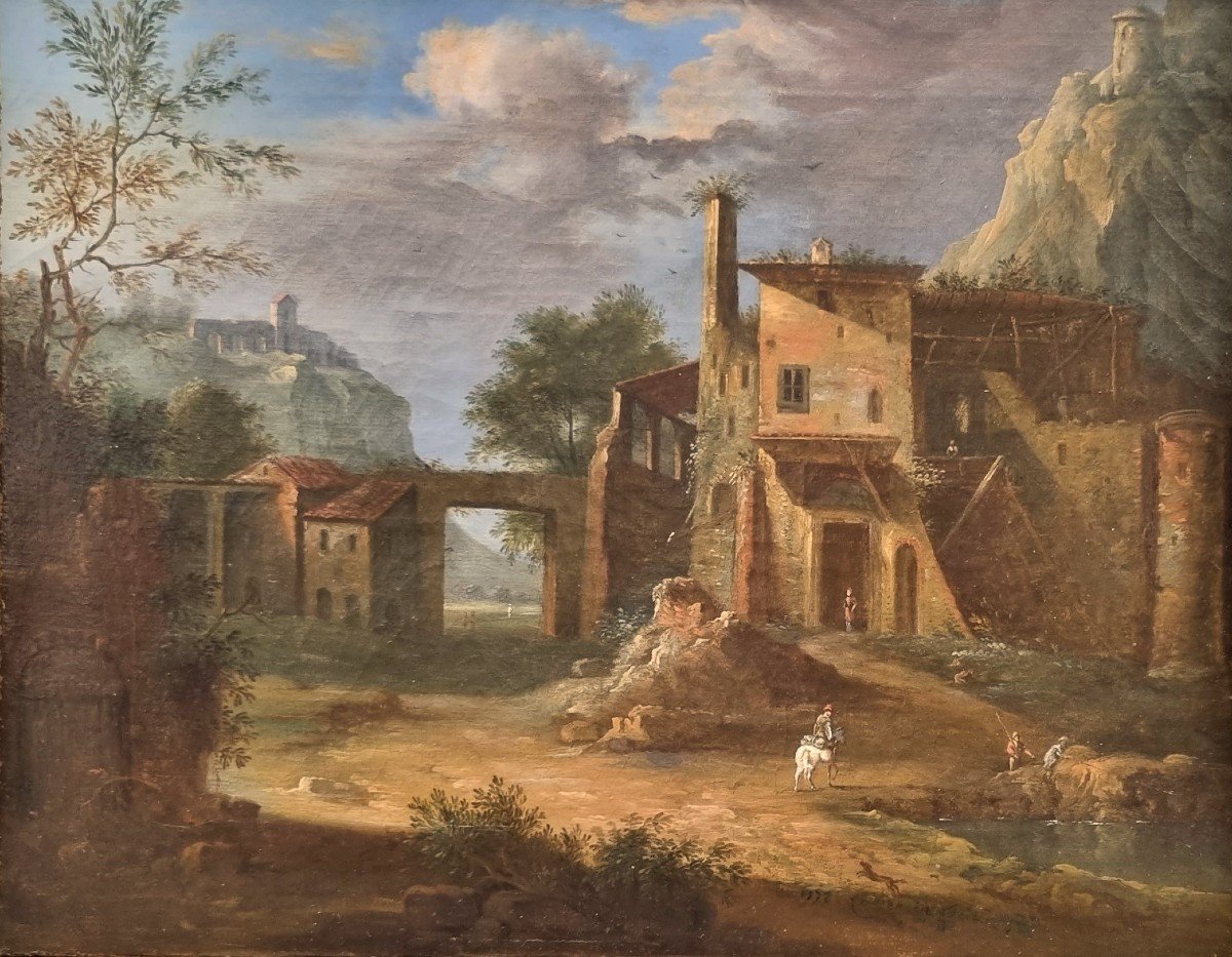 French Or Italian School Of The 18th Century - Animated Landscape With A Ruin 
