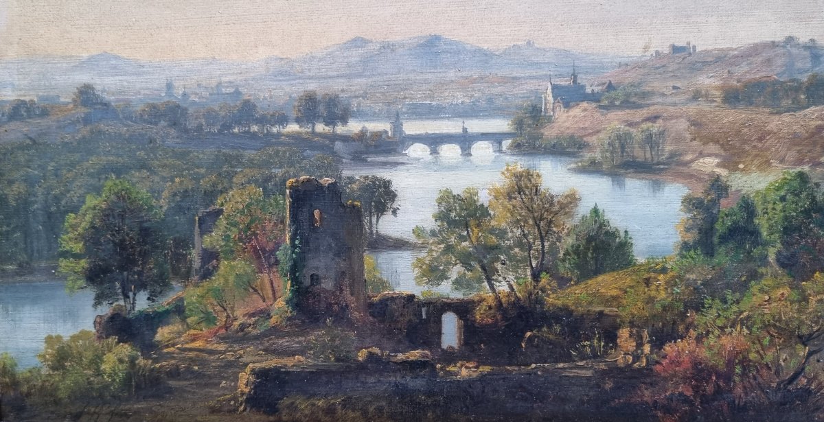 Jan KOBELL - Paysage aux ruines, au pont et à la rivière-photo-1