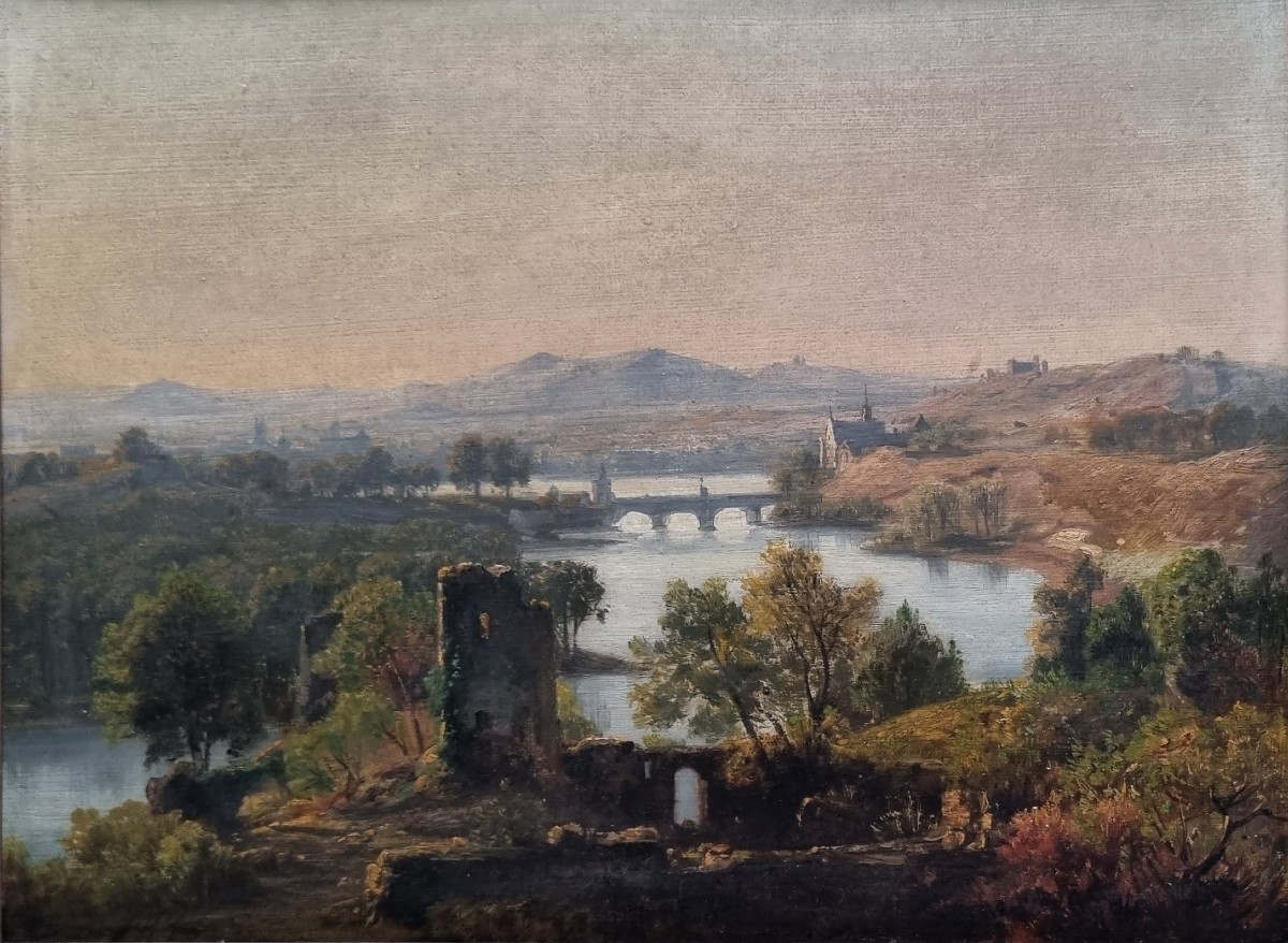 Jan KOBELL - Paysage aux ruines, au pont et à la rivière