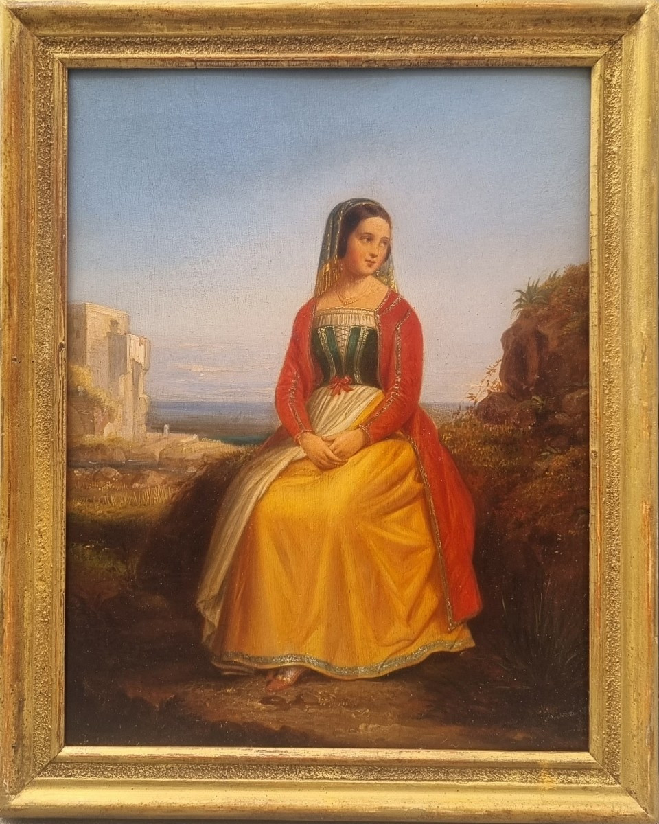 19th Century French School - Portrait Of A Young Italian Woman In 15th Century Costume-photo-2