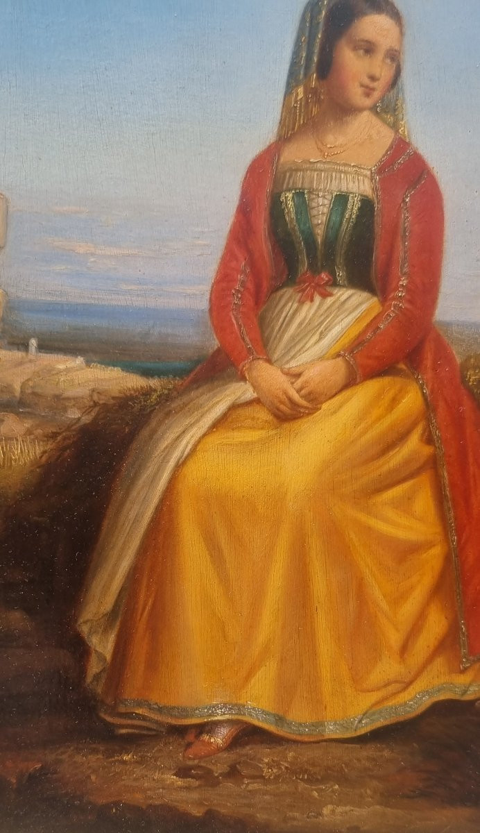 19th Century French School - Portrait Of A Young Italian Woman In 15th Century Costume-photo-1