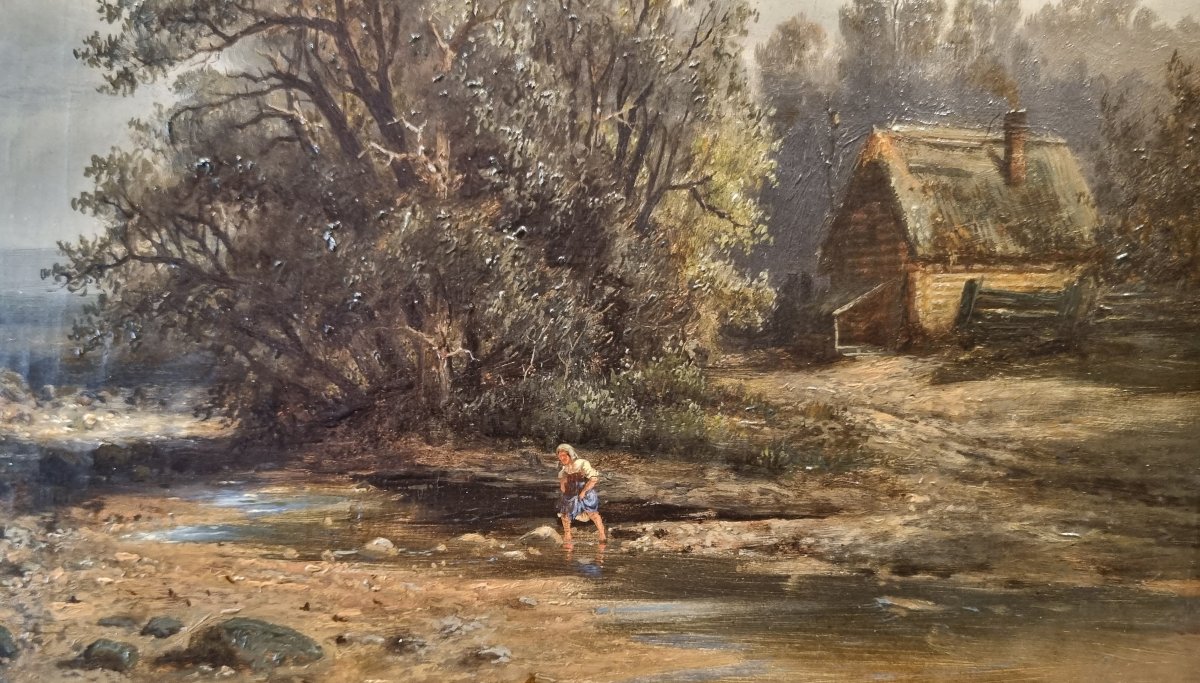 Albert Bredow - Landscape With A Young Girl Crossing A River Near A Cottage-photo-3