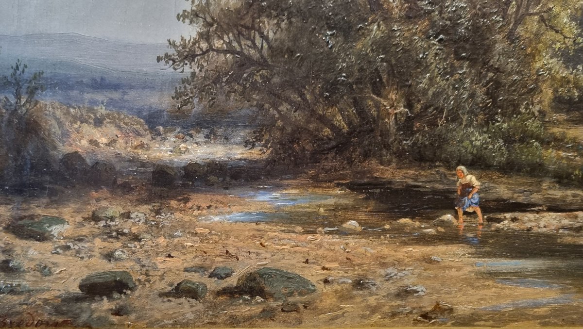 Albert Bredow - Landscape With A Young Girl Crossing A River Near A Cottage-photo-4