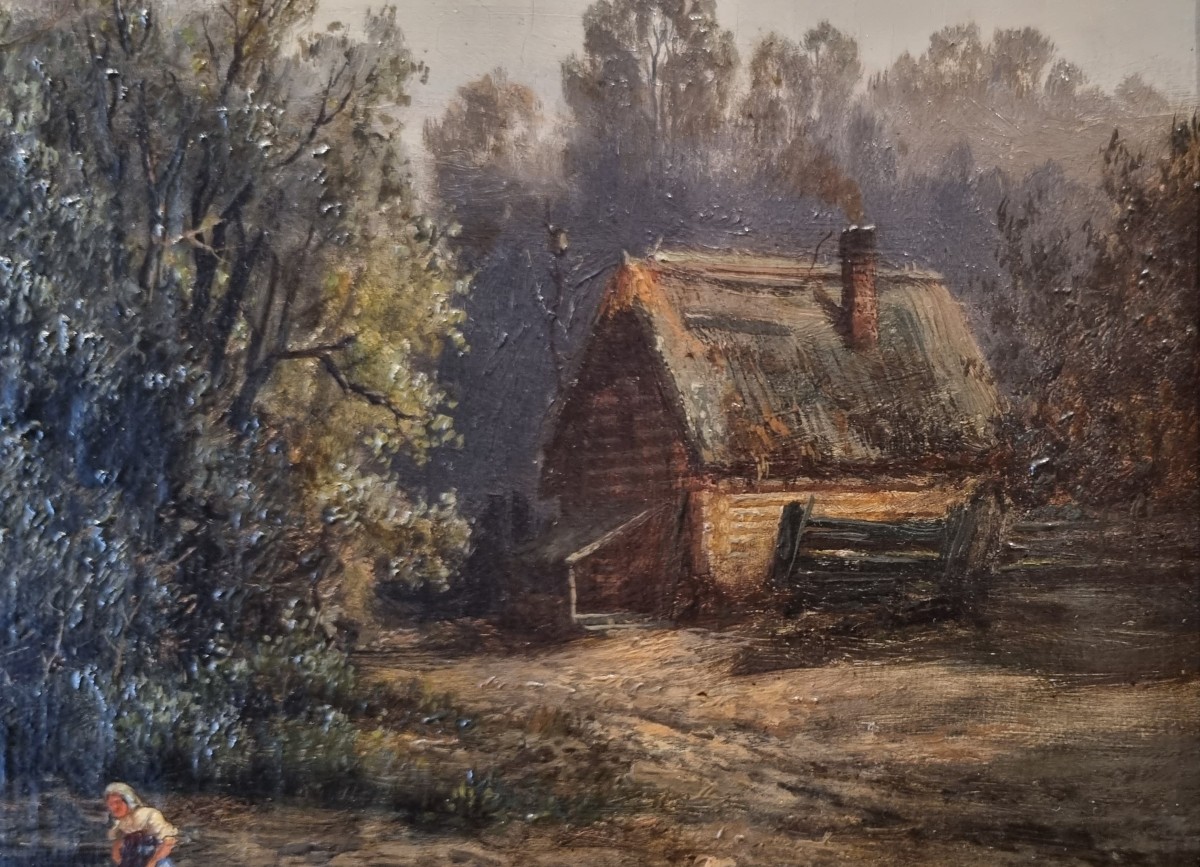 Albert Bredow - Landscape With A Young Girl Crossing A River Near A Cottage-photo-1
