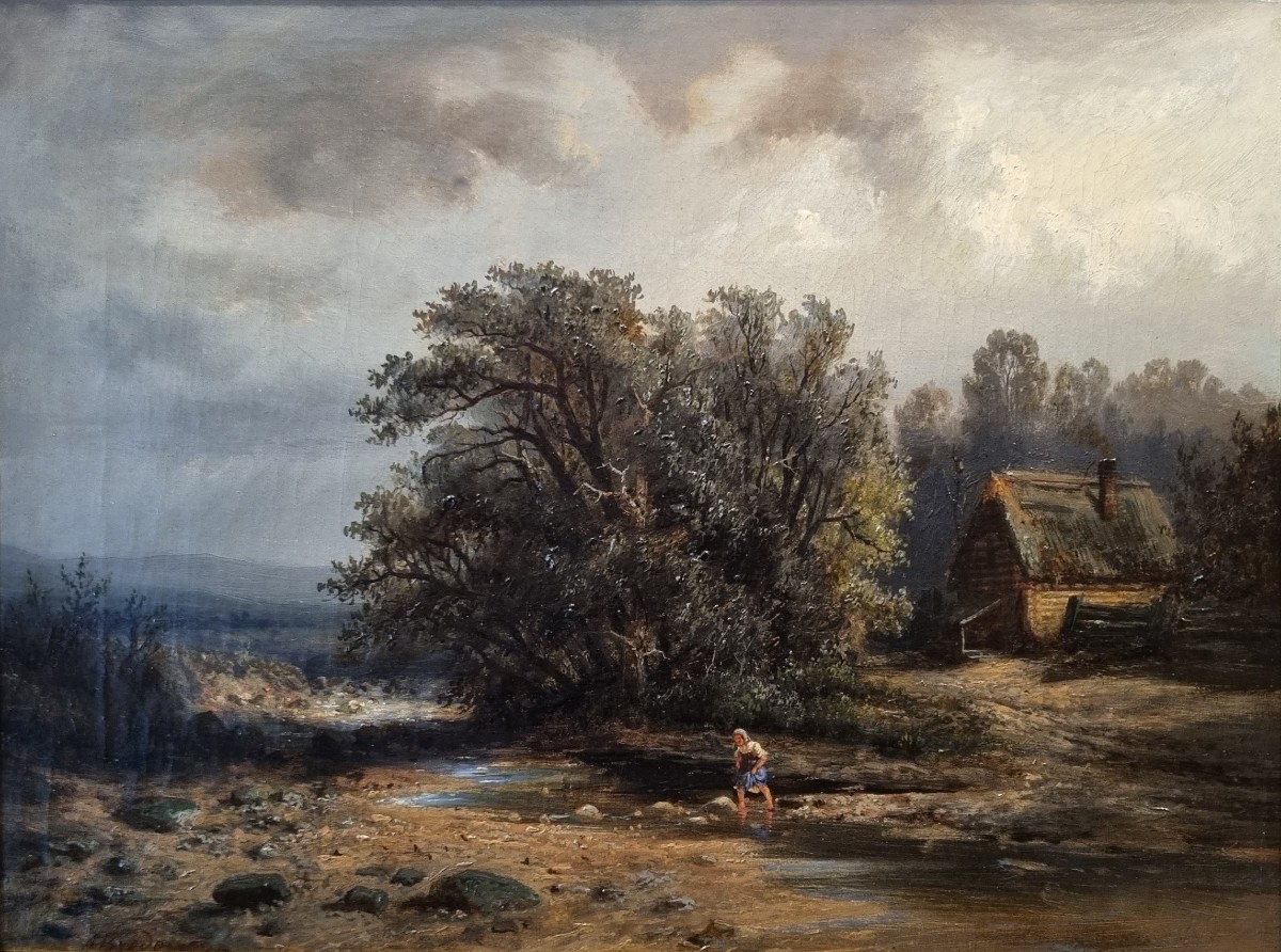 Albert Bredow - Landscape With A Young Girl Crossing A River Near A Cottage