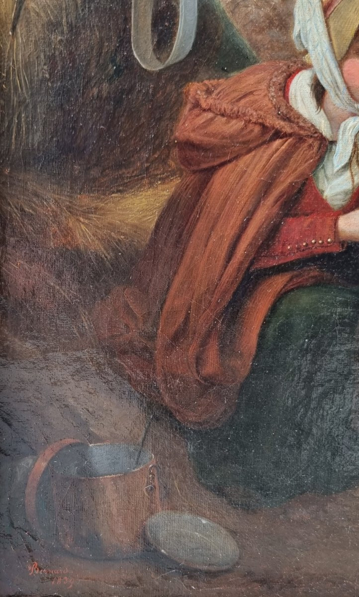Adolphe BERNARD (Attribué à) - La femme du soldat et son fils au coin du feu-photo-1