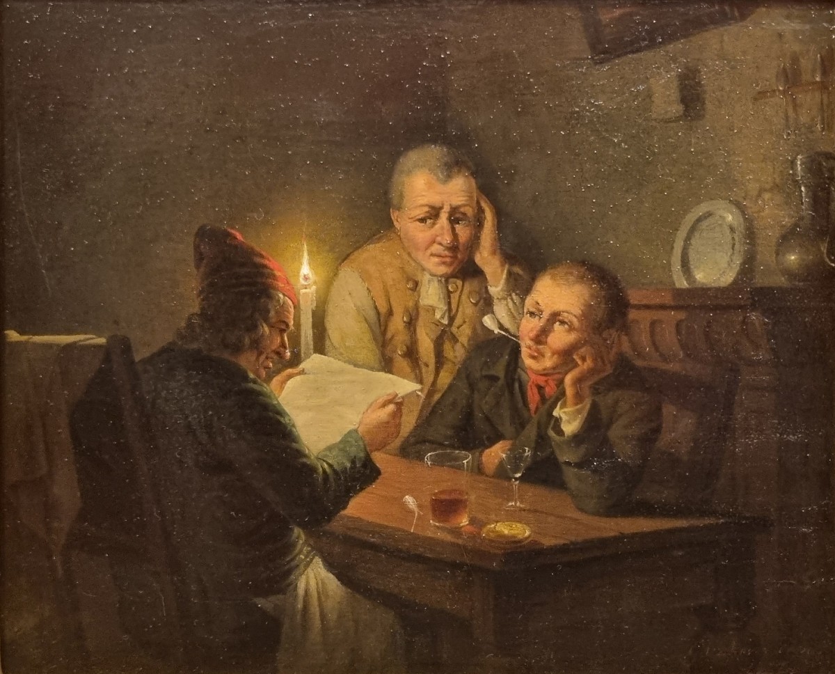 19th-century German Or English School - Candlelit Tavern Scene