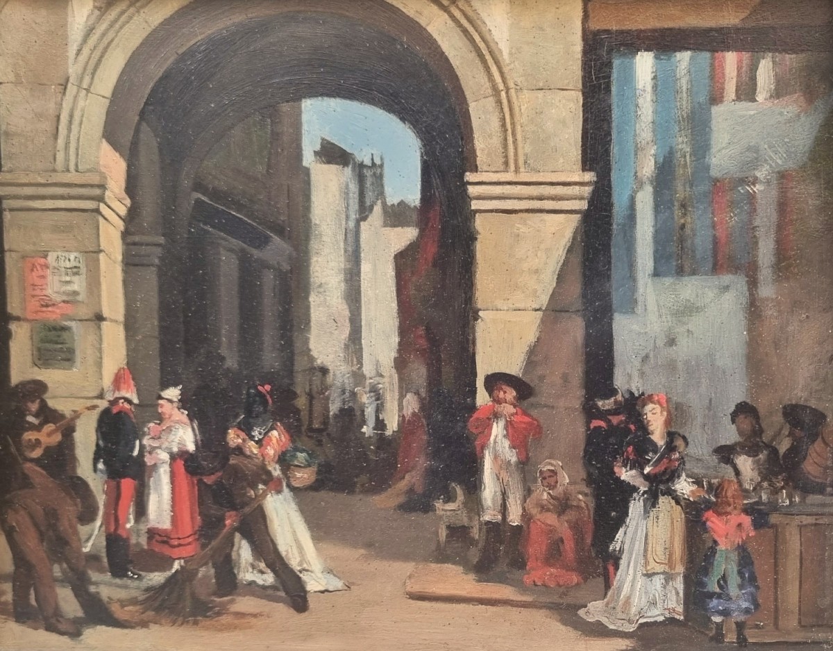 François BOSSUET (Attribué à) - Vue animée d'une ville en Espagne