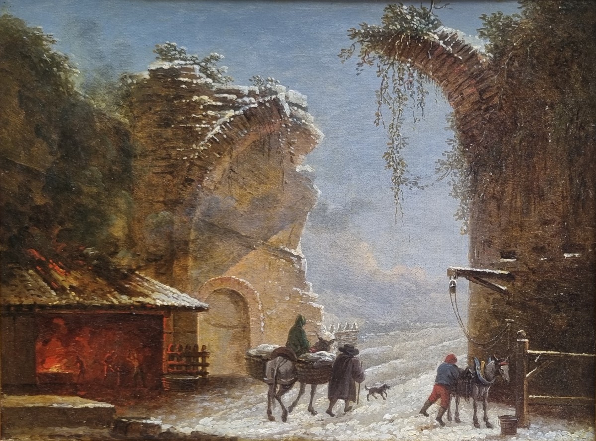 César Van LOO (Attribué à) - Porte de ville en ruine près d"une forge