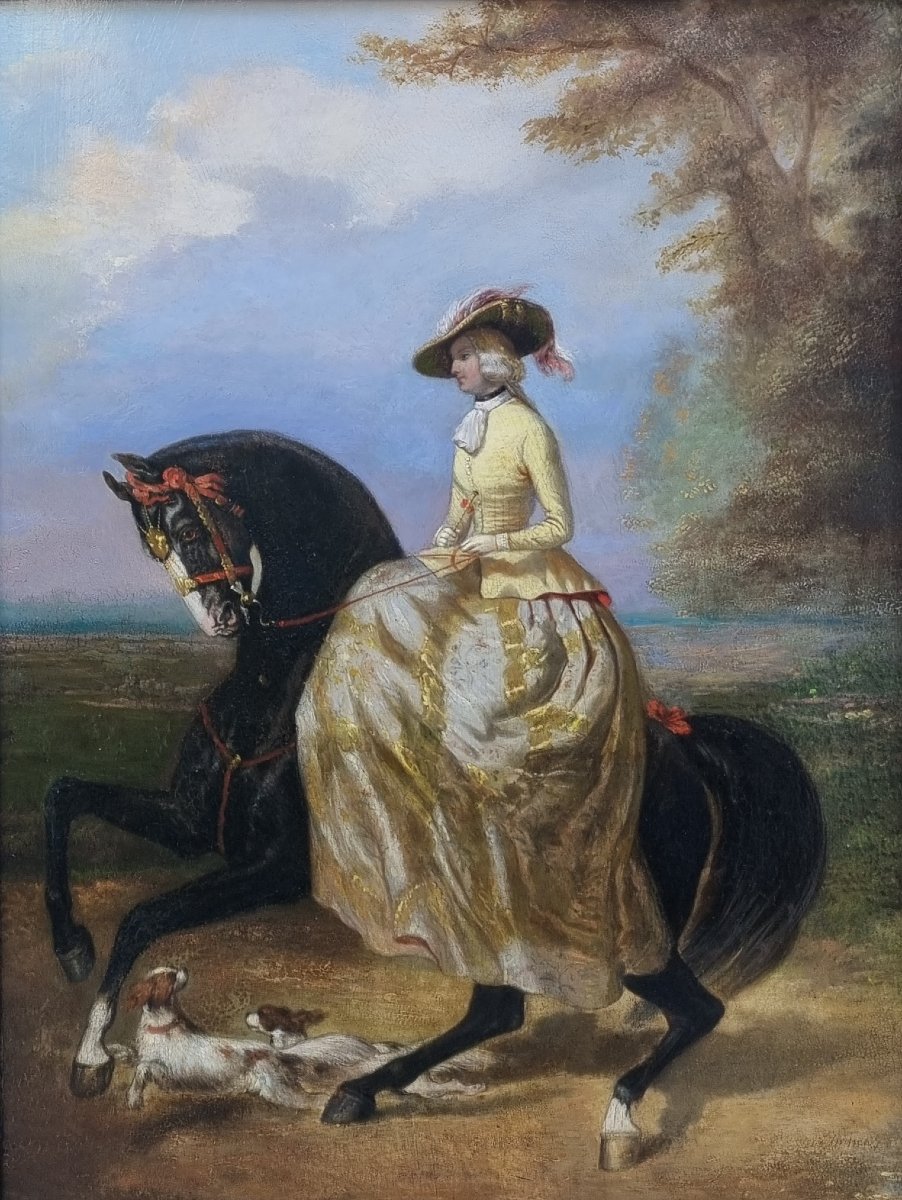 Alfred de DREUX (D'après) - Portrait d'une cavalière en amazone  avec ses chiens