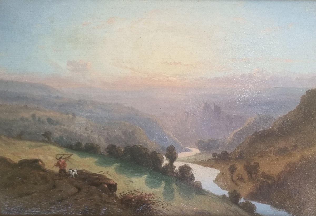 Alexandre Francia - Mountain Landscape With A Fisherman And His Dog