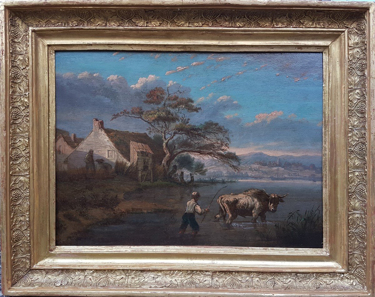 Dutch School (xviiith Century) - Shepherd Taking A Bull Across The River