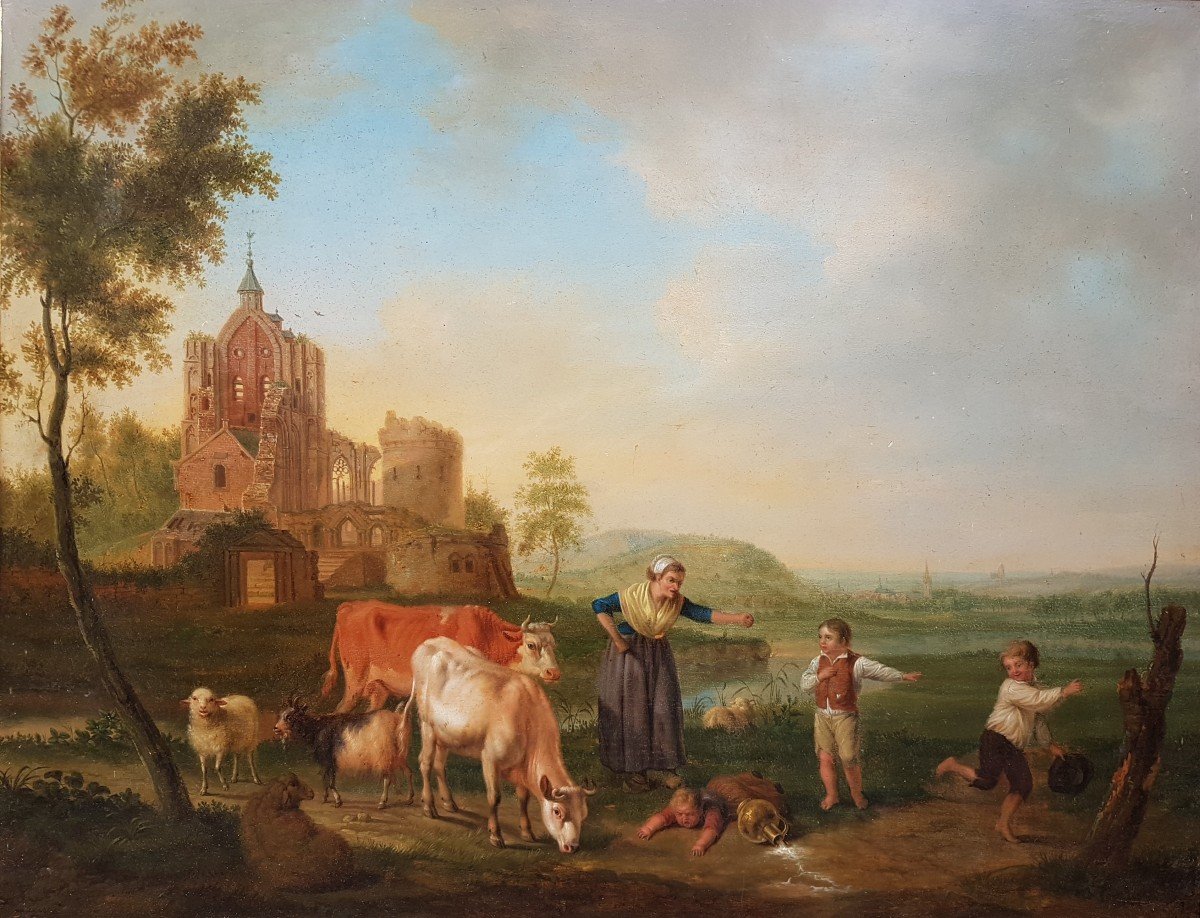 Jacob VAN STRIJ (Entourage de) - Paysage animé avec enfants, troupeau et ruine-photo-2