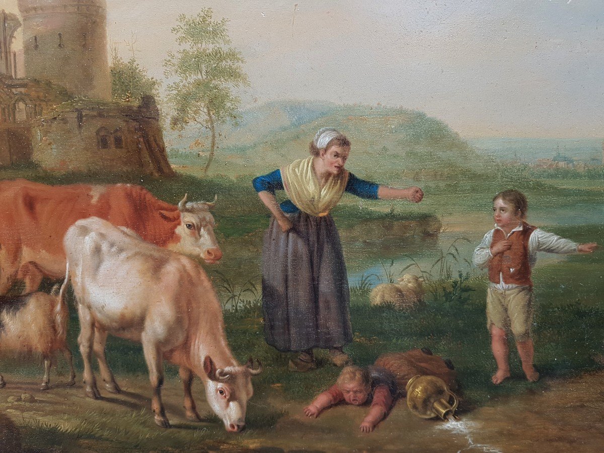 Jacob Van Strij (circle Of) - Landscape With Children, Cattle And A Ruin-photo-3