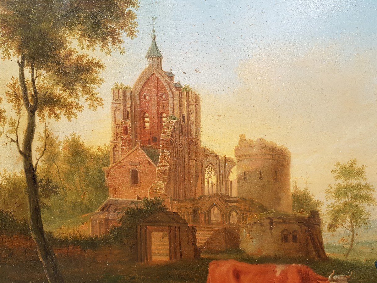 Jacob Van Strij (circle Of) - Landscape With Children, Cattle And A Ruin-photo-1