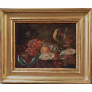 19th Century French School - Still Life With Compass, Fruits And Oysters