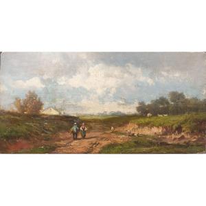 Jules DUPRE (Attribué à) - Paysage de bord de forêt avec deux personnages sur un chemin
