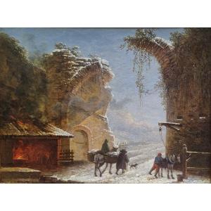 César Van LOO (Attribué à) - Porte de ville en ruine près d"une forge
