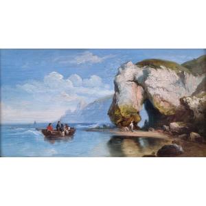 Charles Joseph Kuwasseg (attributed To) - Seaside Near Cliffs With A Rowboat