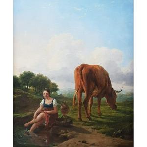 Eugène VERBOECKHOVEN - Une bergère et sa vache