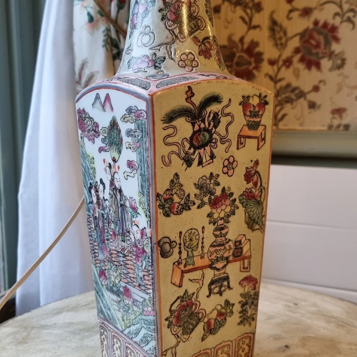 Lampe - Vase Quadrangulaire En Porcelaine Chine XXème -photo-6