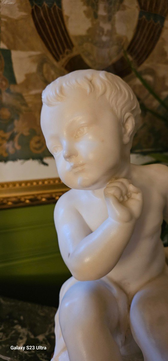 After Jean Baptiste Pigalle, Large White Marble Sculpture ''the Child In The Cage'' 19th Century.-photo-2