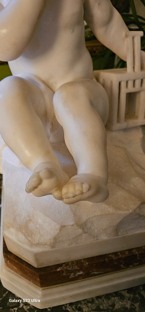 After Jean Baptiste Pigalle, Large White Marble Sculpture ''the Child In The Cage'' 19th Century.-photo-1