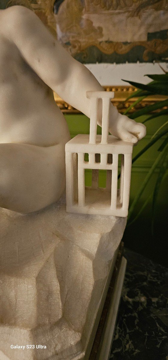 After Jean Baptiste Pigalle, Large White Marble Sculpture ''the Child In The Cage'' 19th Century.-photo-2