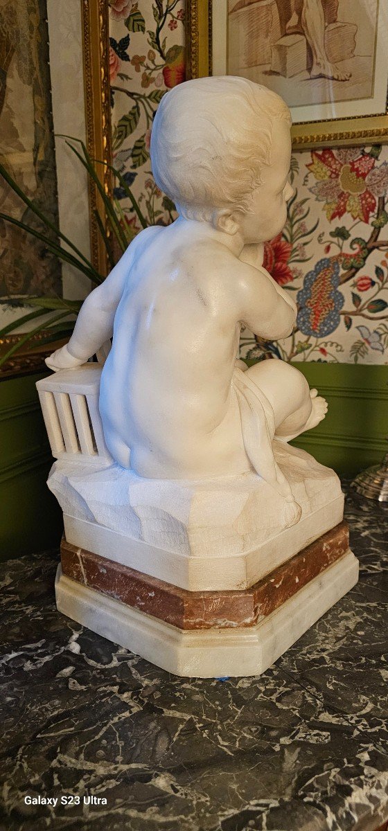 After Jean Baptiste Pigalle, Large White Marble Sculpture ''the Child In The Cage'' 19th Century.-photo-4