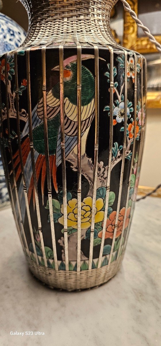 Pair Of Lamps With Birds And Branches In Their Silver Cages, Japan Circa 1920.-photo-1