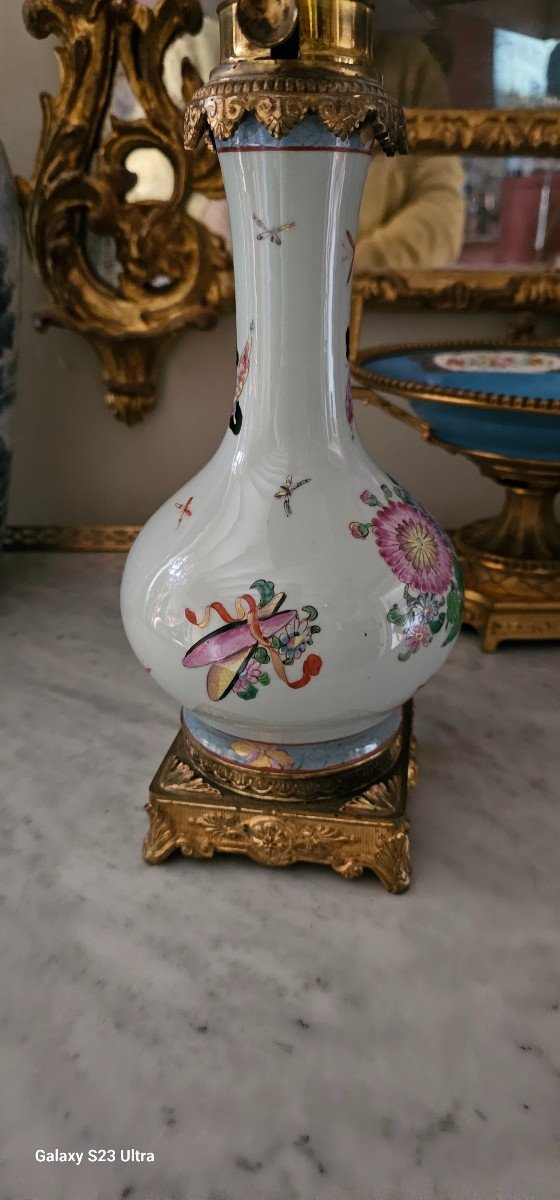 Pair Of Celadon Porcelain Lamps With Asian Decors-photo-3