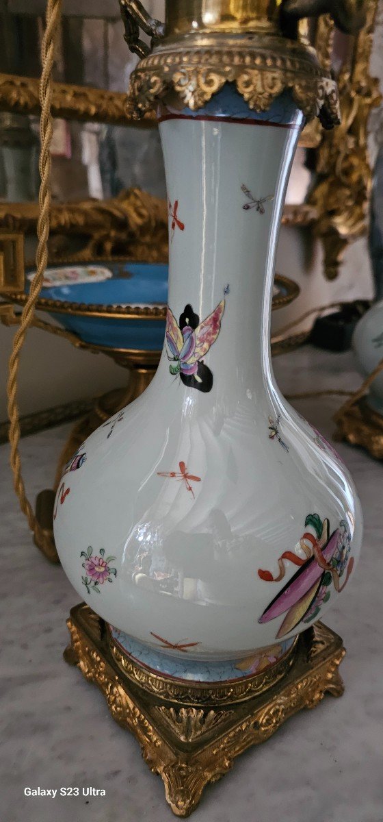 Pair Of Celadon Porcelain Lamps With Asian Decors-photo-4