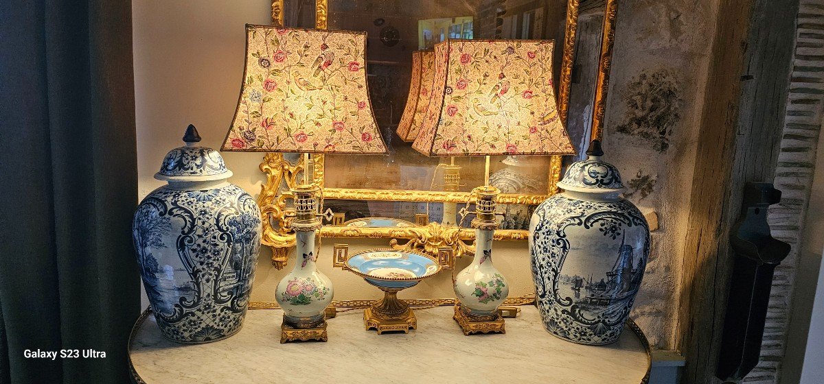 Pair Of Celadon Porcelain Lamps With Asian Decors-photo-7