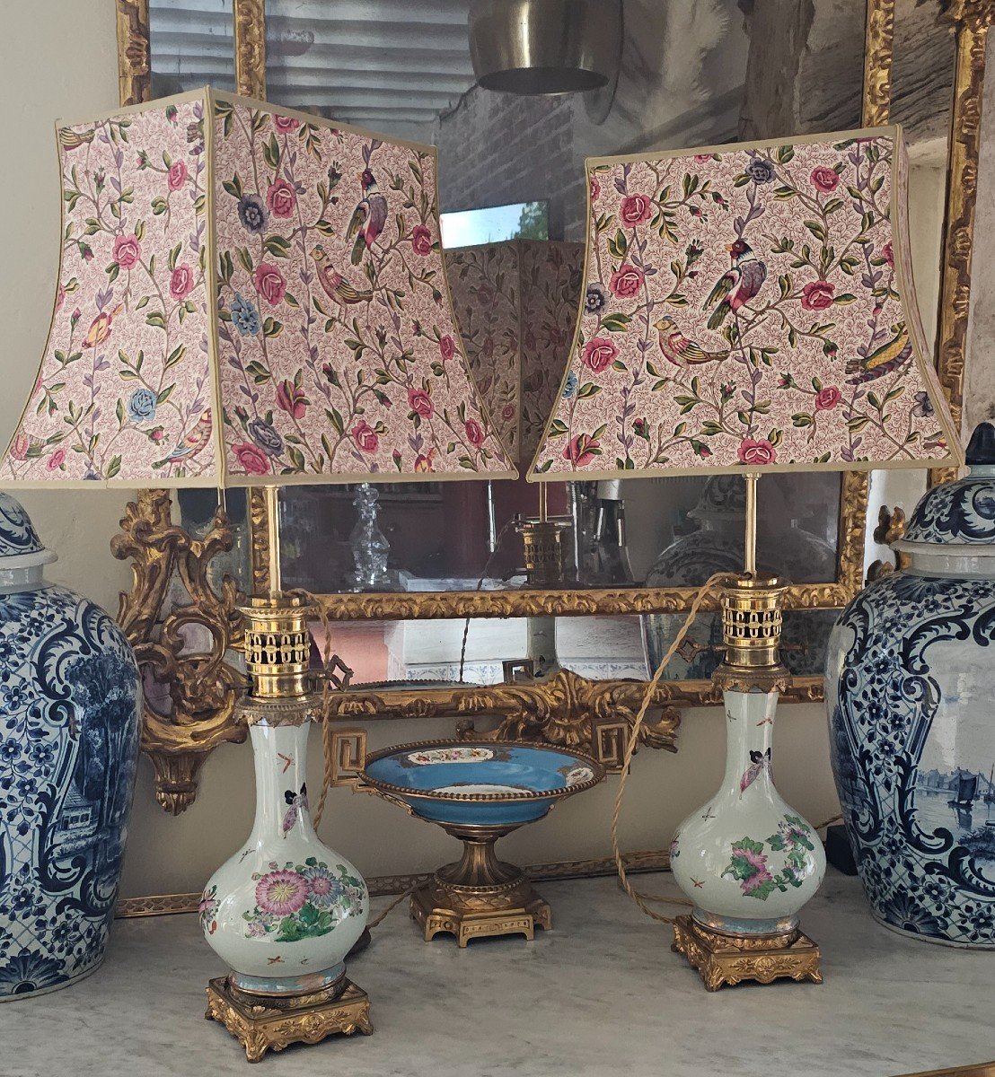 Pair Of Celadon Porcelain Lamps With Asian Decors