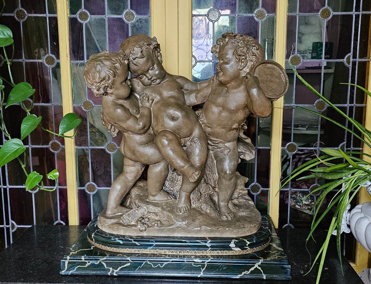 Bacchus Child, Important Group In Terracotta On Base. 19th Century.