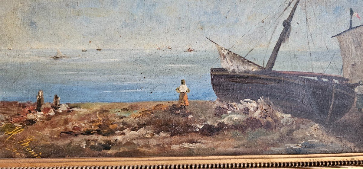 Oil On Canvas, Boat At Low Tide-photo-2