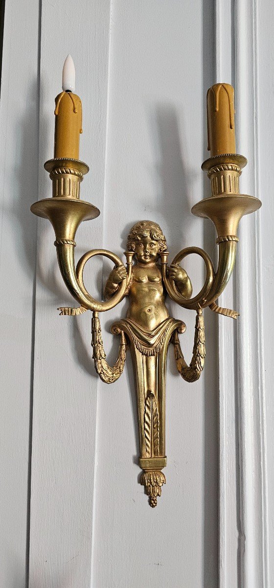 Paire D’applique Au Putti Et Cors De Chasse Louis XVI. XIXème-photo-1
