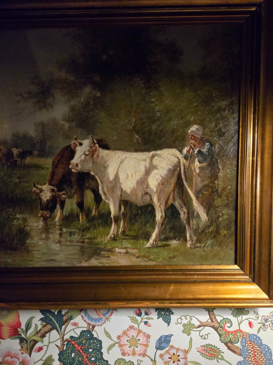 Cows Drinking From A Pond, Oil On Canvas, 19th Century, Barbizon School.-photo-3