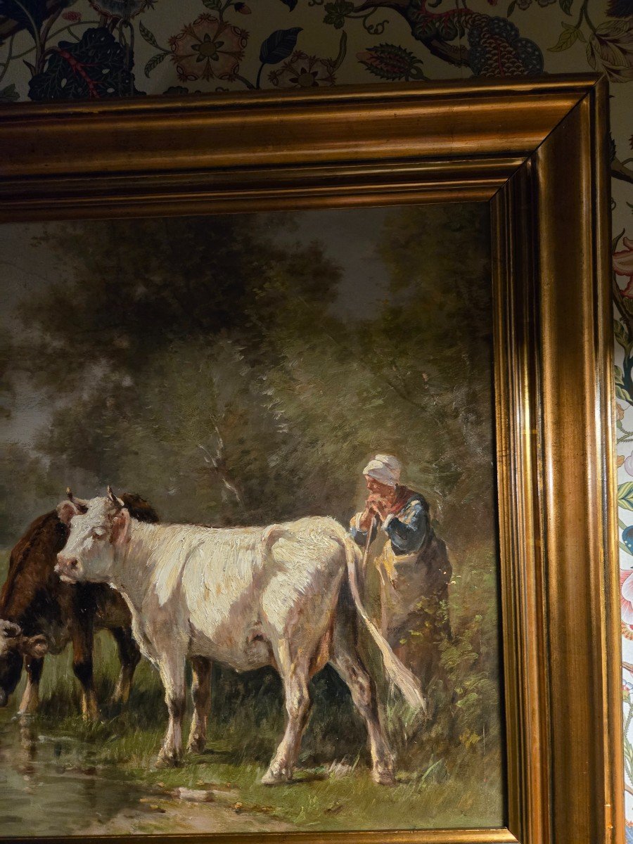 Cows Drinking From A Pond, Oil On Canvas, 19th Century, Barbizon School.-photo-1