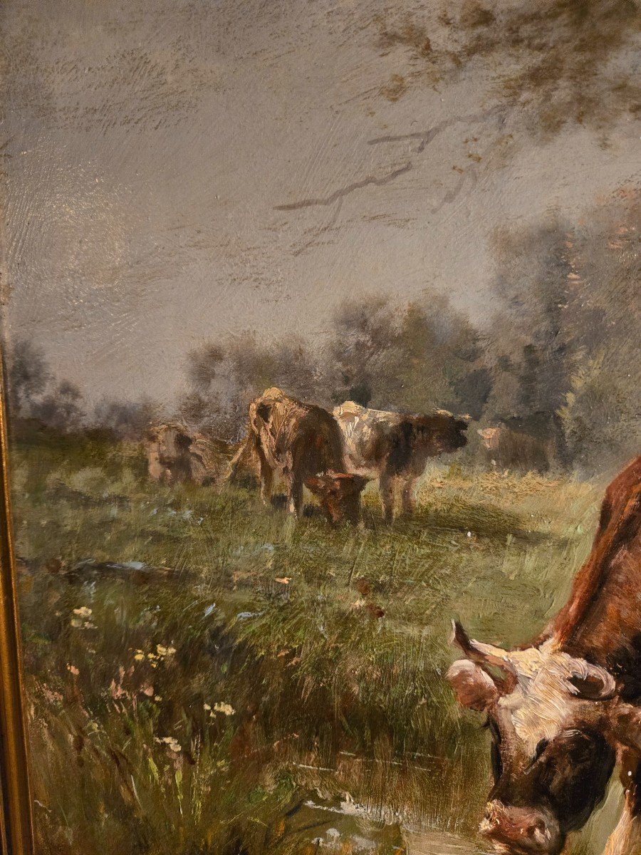 Cows Drinking From A Pond, Oil On Canvas, 19th Century, Barbizon School.-photo-6