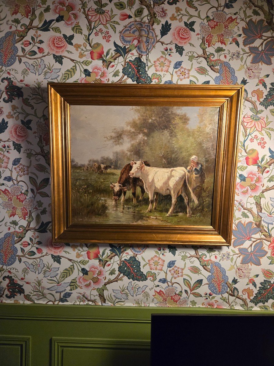 Cows Drinking From A Pond, Oil On Canvas, 19th Century, Barbizon School.-photo-8