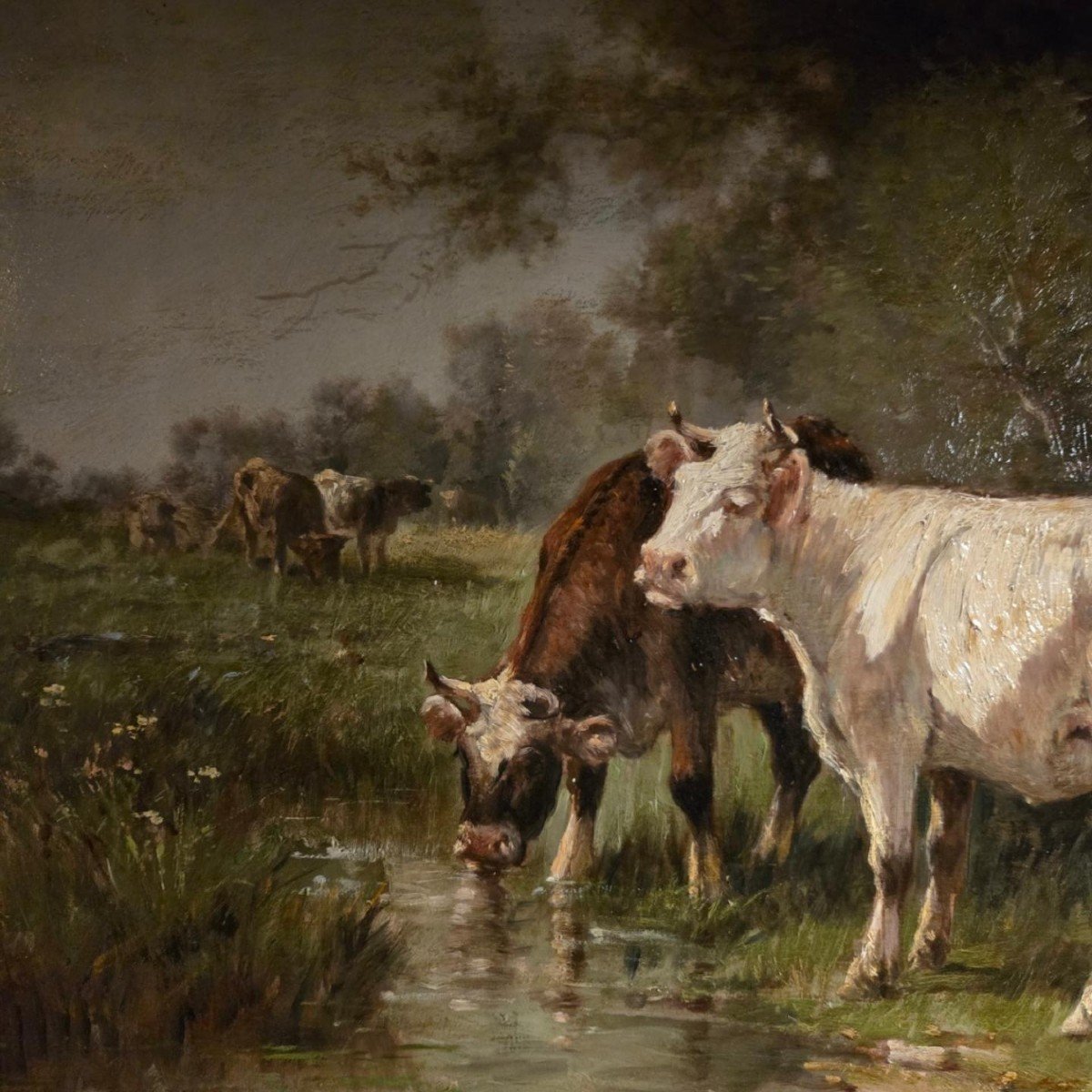 Cows Drinking From A Pond, Oil On Canvas, 19th Century, Barbizon School.