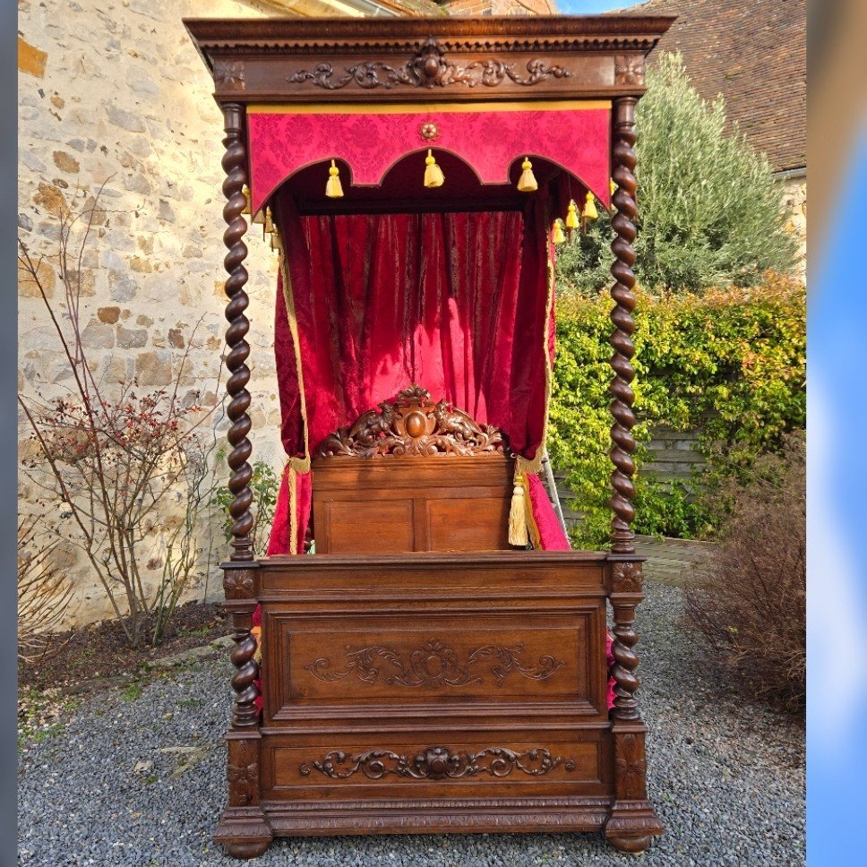 Lit De Château à Colonnes Louis XIII, époque XIXe Siècle .-photo-3
