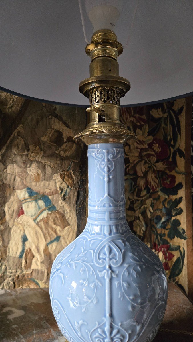 Pair Of 19th Century Celadon Blue Porcelain Lamps-photo-4
