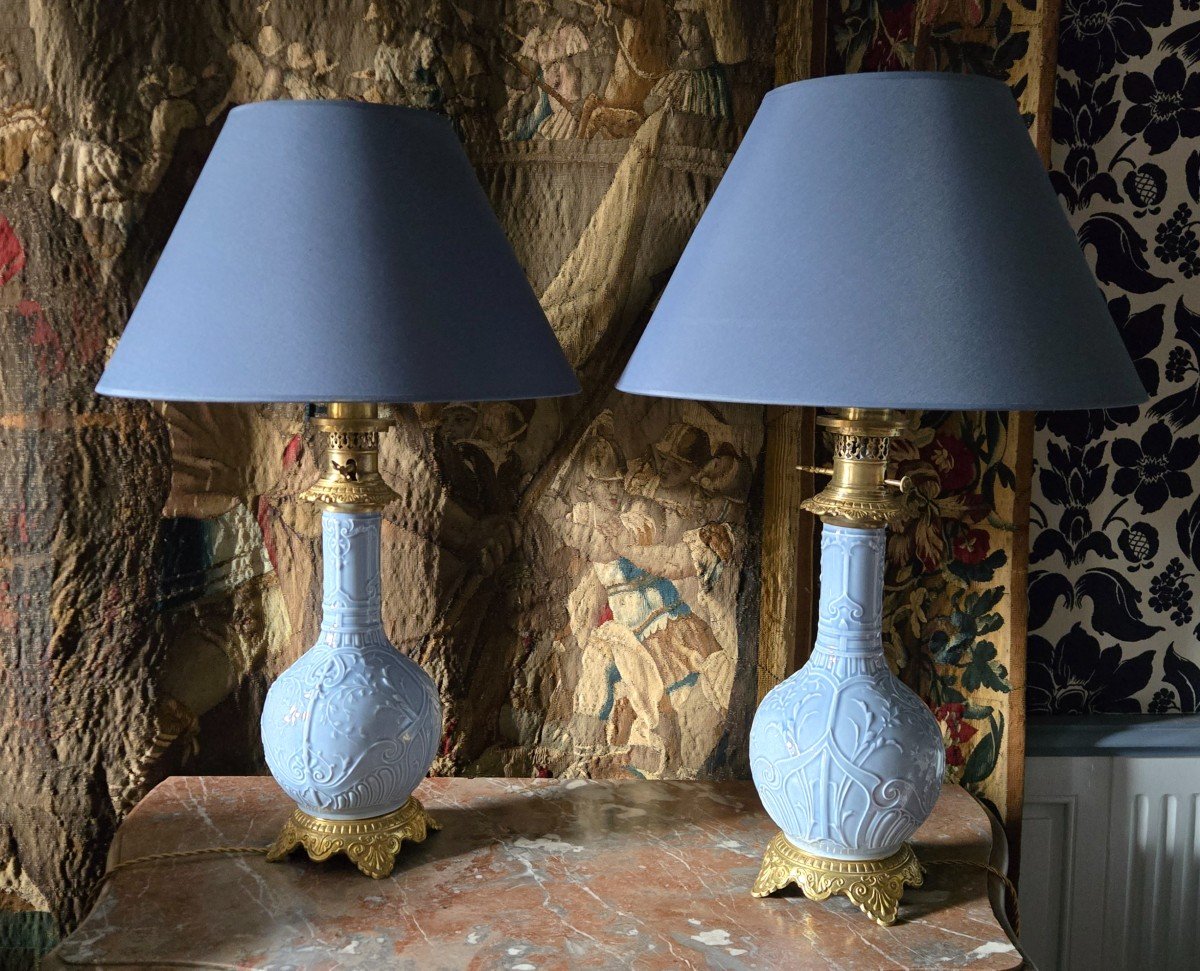 Pair Of 19th Century Celadon Blue Porcelain Lamps